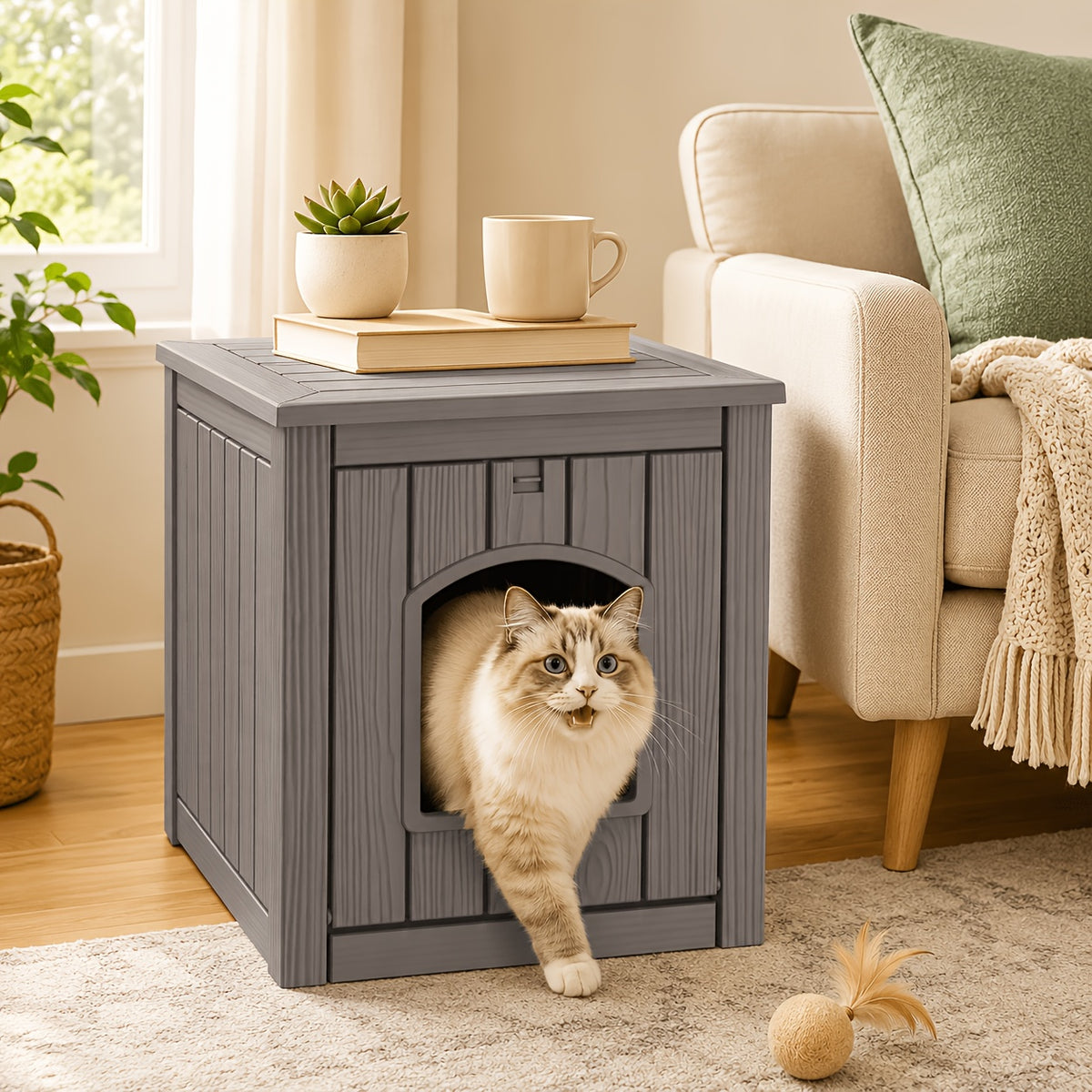 Cat Litter Cabinet End Table with Arched Entry, Hidden Litter Box Enclosure with Opening Front Panel for Indoor Homes in Light Brown or Black