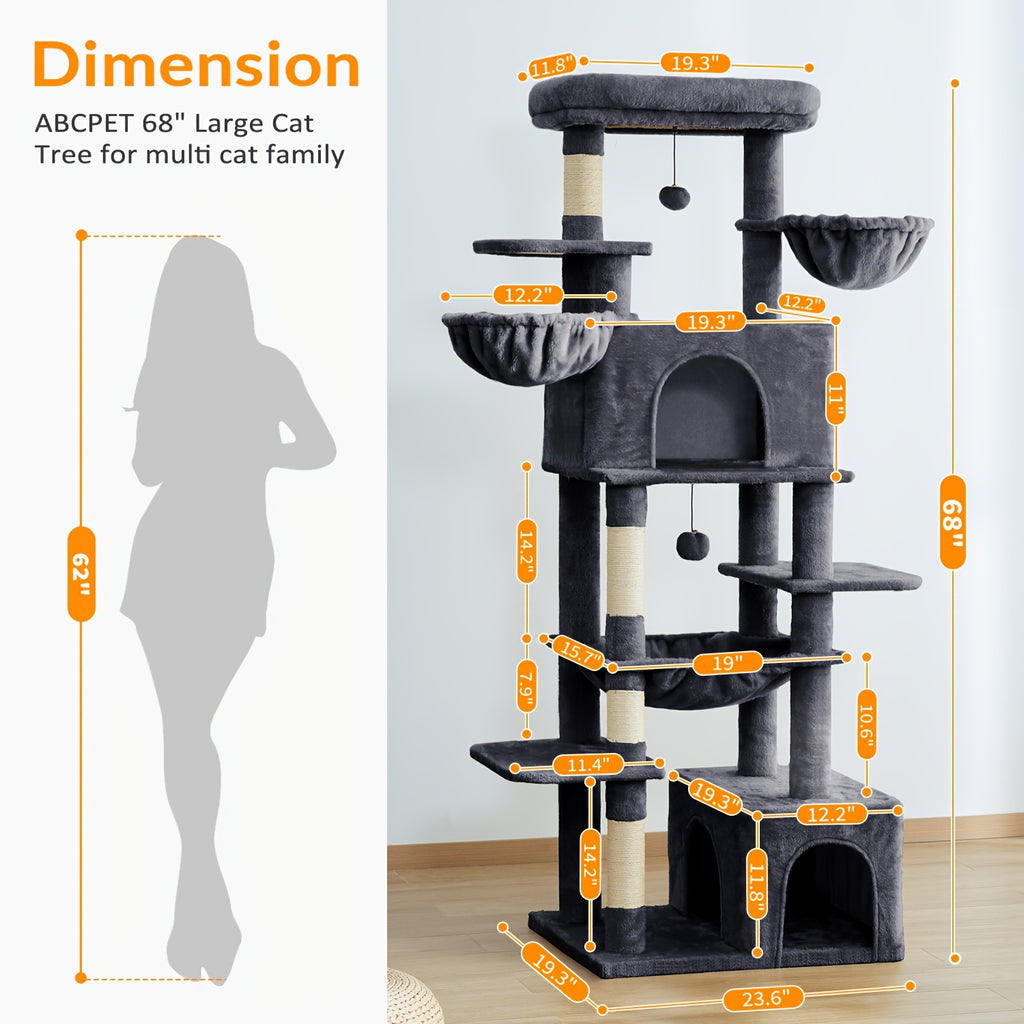 Cat Tree 68 Inch with Square Hammock and Two Condos, Multi-Level Indoor Cat Tower with Wide Perches and Sisal Scratching Posts in Grey or Light Grey