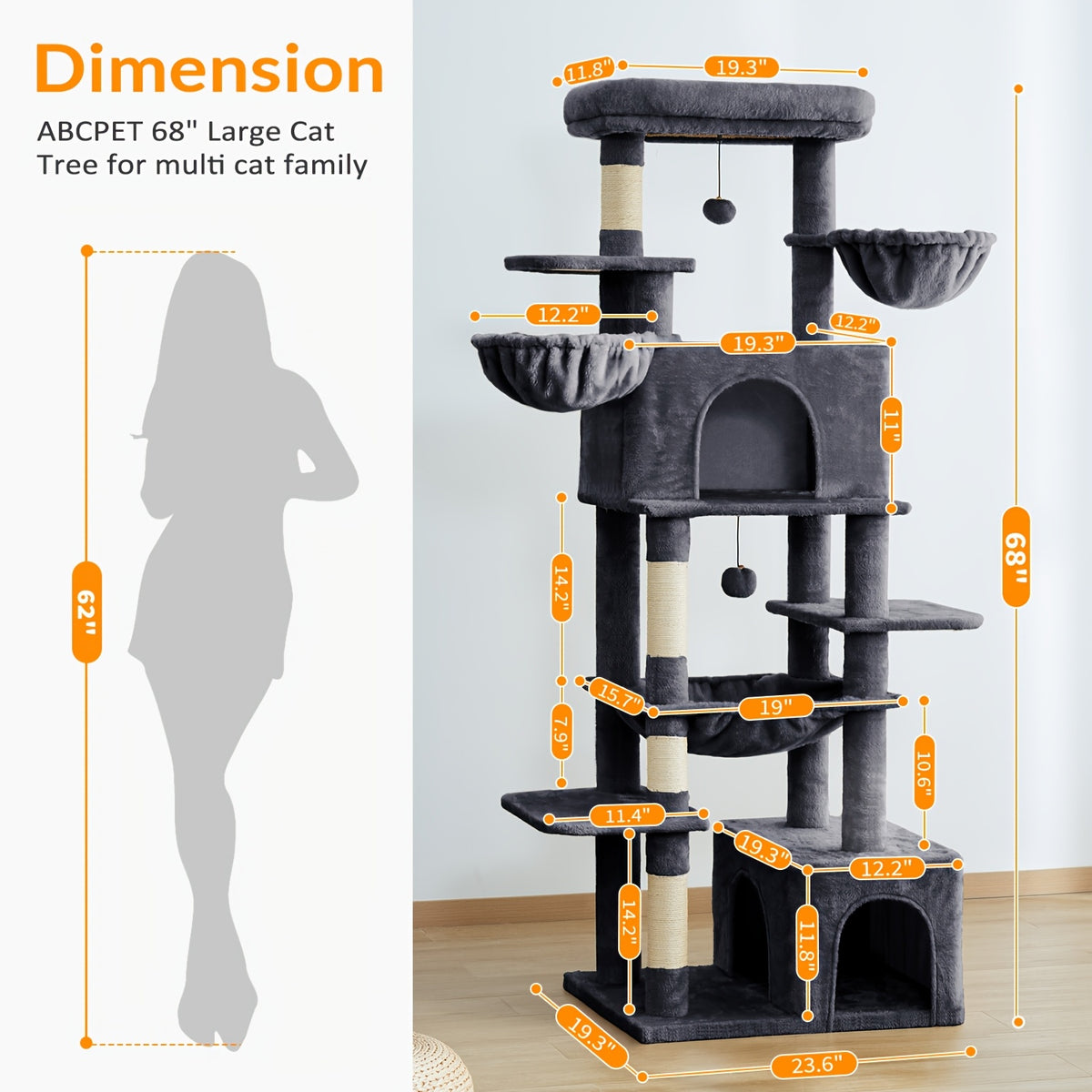 Cat Tree 68 Inch with Square Hammock and Two Condos, Multi-Level Indoor Cat Tower with Wide Perches and Sisal Scratching Posts in Grey or Light Grey