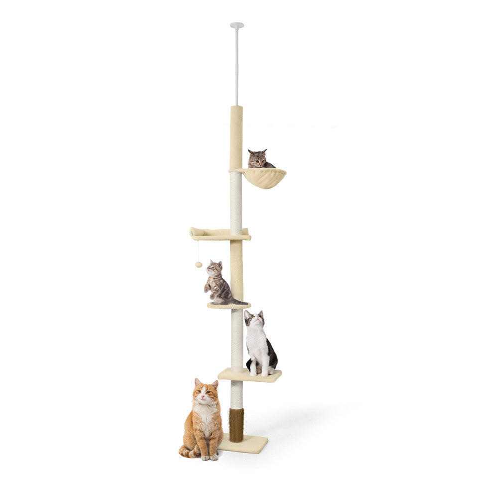 Floor to Ceiling Cat Tree with Hammock, Adjustable Cactus Cat Tower with Sisal Scratching Post, Faux-Fur Platforms and Interactive Playball for Indoor Cats