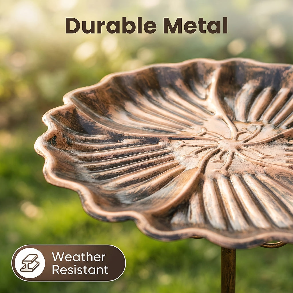 Garden Bird Bath with Ground Stake, 30.31-Inch Retro Metal Birdbath with Scalloped 10-Inch Basin, Copper or Bronze Color for Outdoor Yards