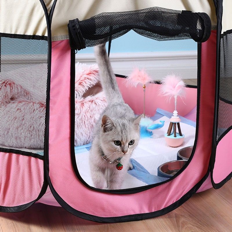 Mesh Pet Playpen for Cats and Puppies, Small 29 x 29 x 17 Inch Octagonal Enclosure with Paw Print Panels and Mesh Door, Seven Color Options