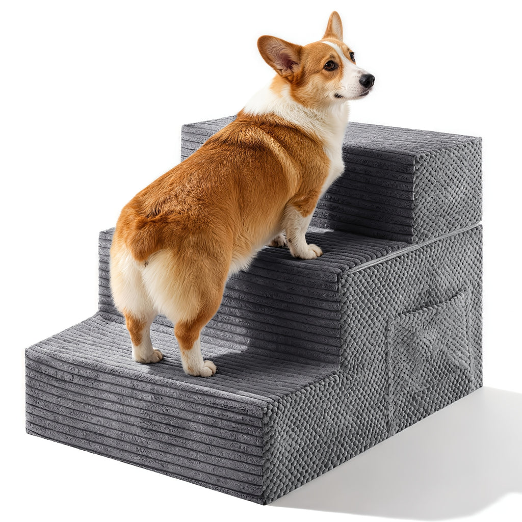 Convertible Dog Stairs with Side Pocket, Dark Gray 3-Step Non-Slip Pet Steps and Ramp for Small Dogs to Reach Suitable Beds, Couches and Chairs