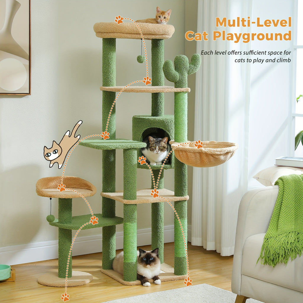 Cat Tree with Twin Perches and Large Hammock, Multi-Level Indoor Cat Tower with Condo Hideaway, Sisal Scratching Posts and Cactus Green Color Option