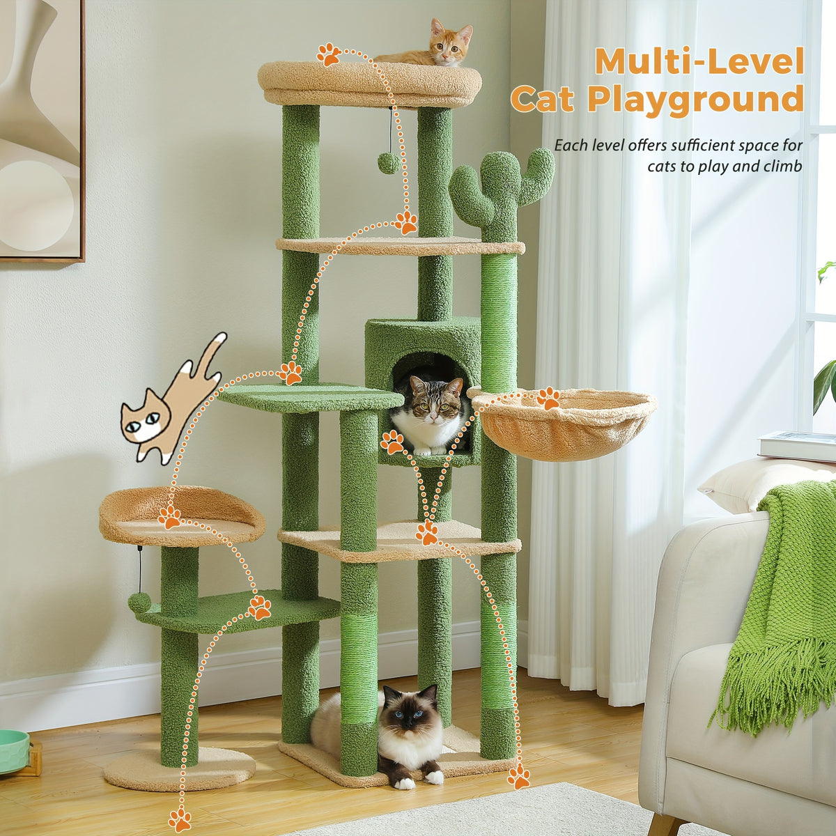 Cat Tree with Twin Perches and Large Hammock, Multi-Level Indoor Cat Tower with Condo Hideaway, Sisal Scratching Posts and Cactus Green Color Option