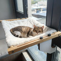 Cat Window Lounger with Adjustable Wooden Frame and Paw Pattern, Hanging Hammock Bed for Compatible Windowsills, Bedsides and Cabinets