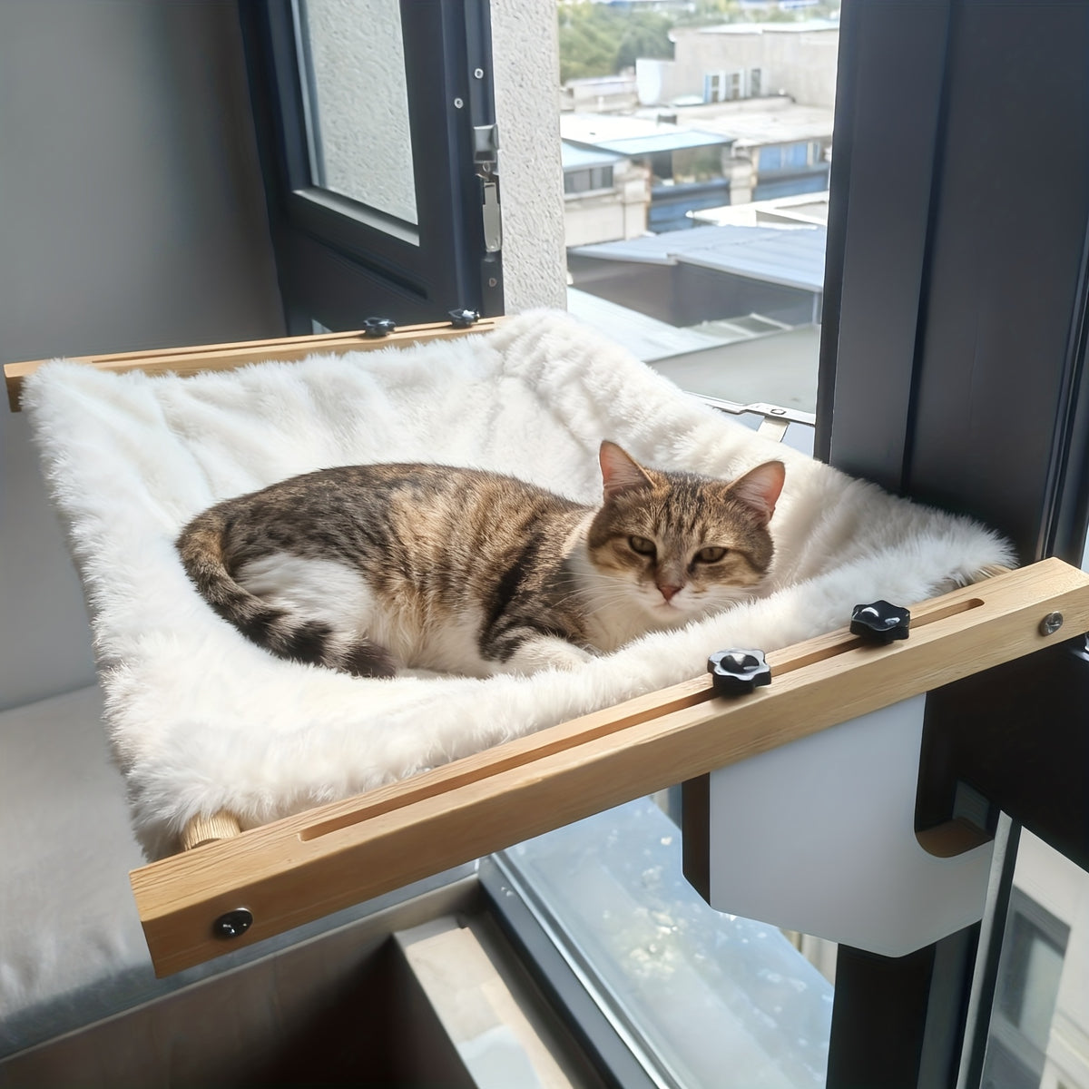Cat Window Lounger with Adjustable Wooden Frame and Paw Pattern, Hanging Hammock Bed for Compatible Windowsills, Bedsides and Cabinets