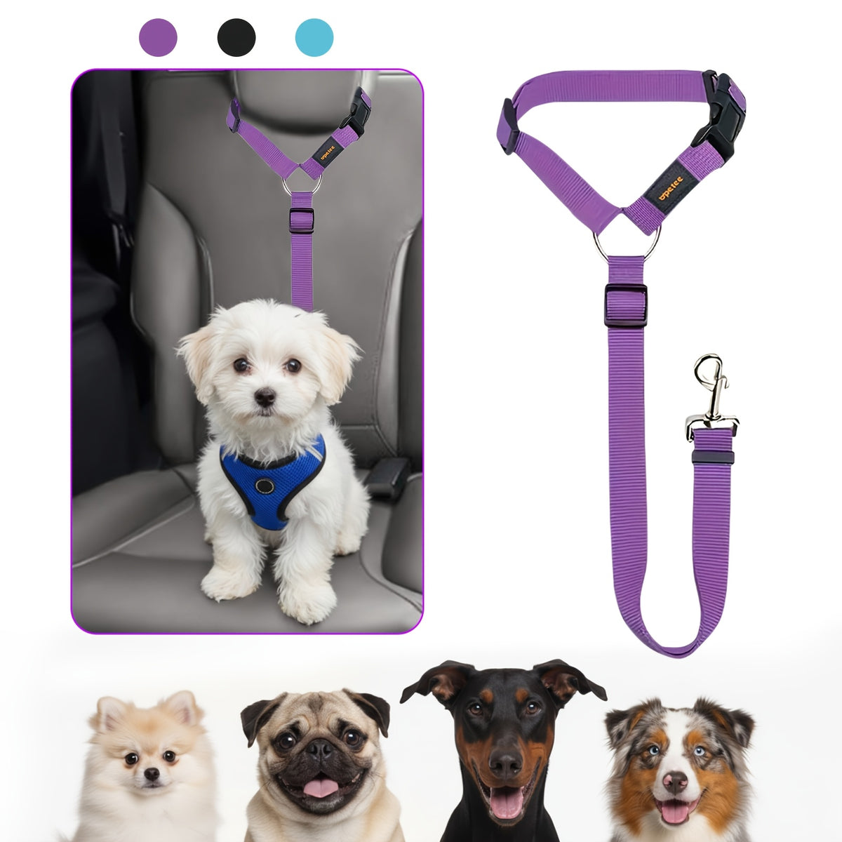 Dog Car Seat Belt Tether with Buckle Attachment, Black Pet Travel Leash for Vehicle Rides, Buckle Attachment Pro Option for Dog Owners