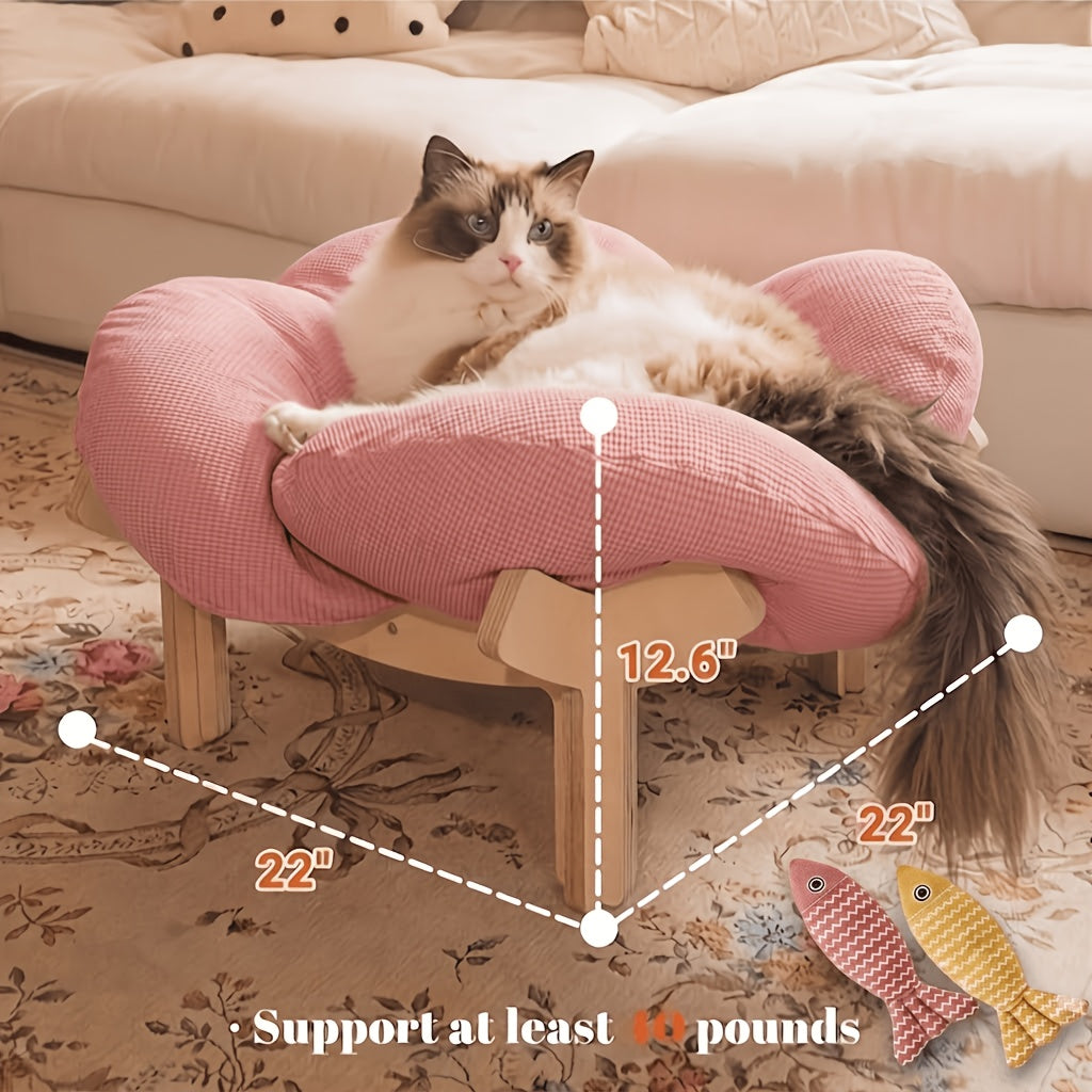 Pink Wooden Cat Lounge Bed with Soft Cushion, Elevated Indoor Pet Sofa Chair in Pink + Two Linen Fish Style for Cat Naps and Cozy Home Lounging