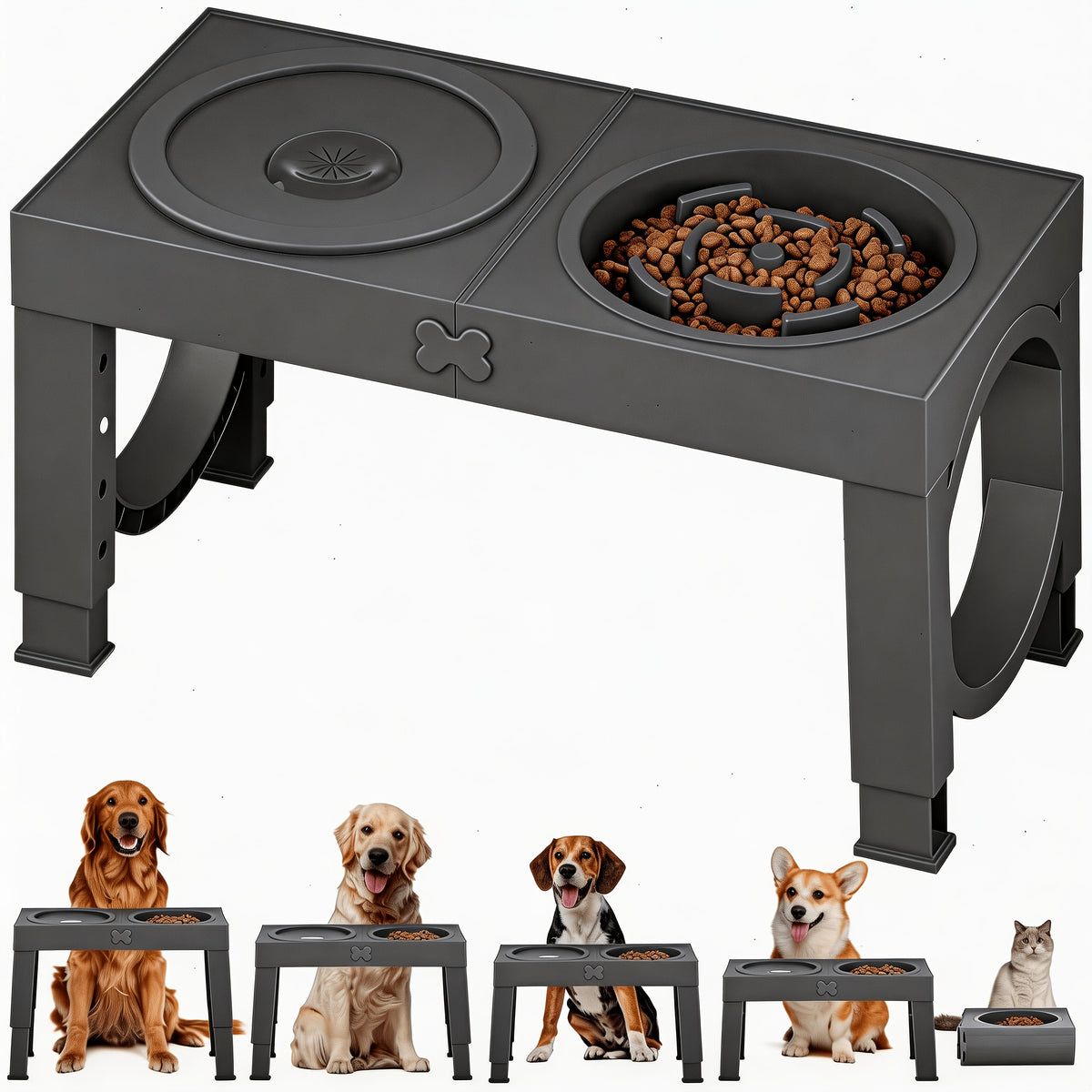 Foldable Elevated Dog Bowls with Height Adjustable Stand for Large Dogs, Raised Food and Water Feeding Station with Stainless Steel Bowl Options