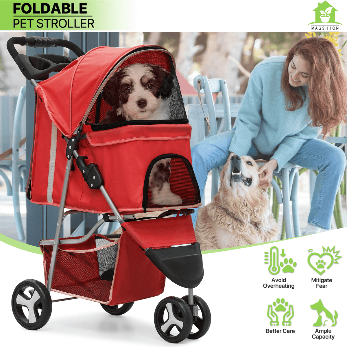Pet Stroller with Storage Basket and Cup Holder, Magshion Three-Wheel Foldable Pushchair for Small and Medium Dogs and Cats, 14 Color and Pattern Options