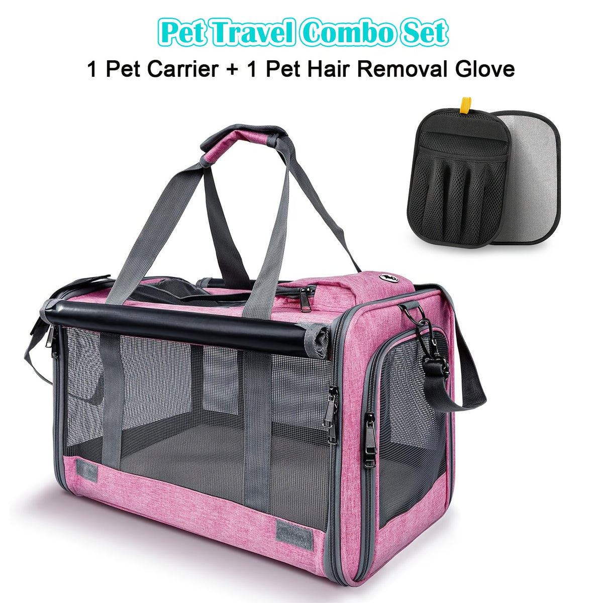 Cat Carrier Travel Set for Cats and Small Dogs, Soft-Sided Breathable Collapsible Pet Bag with Bowl, Collar or Pet Glove Bundle Options