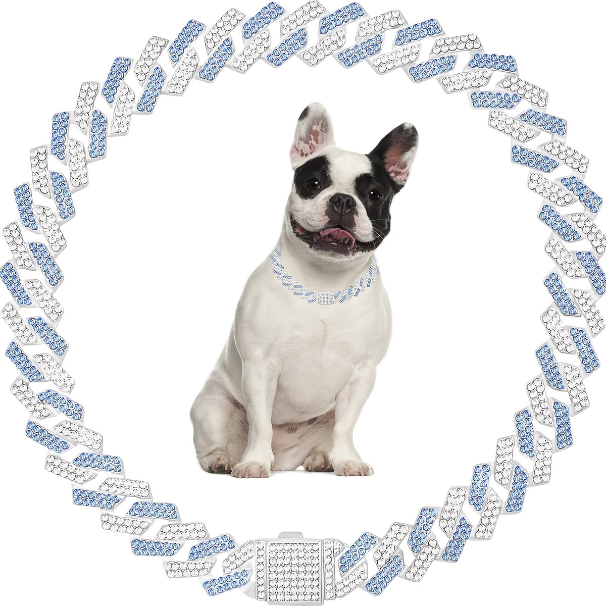 Crystal Cuban Chain Dog Collar, Adjustable 15mm Pet Necklace with Flip Lock for Dogs and Cats, Pink or Sky Blue Photo and Party Accessory