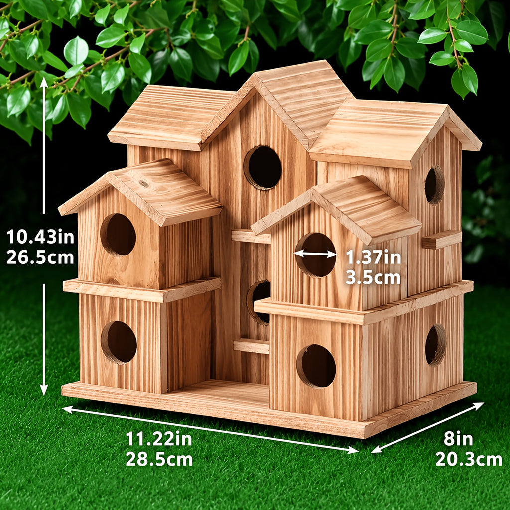 Pine Wood Birdhouse with 10 Listed Compartments, Multi-Roof Cottage Bird House with Round Entry Openings for Outdoor Garden, Patio and Backyard Decor