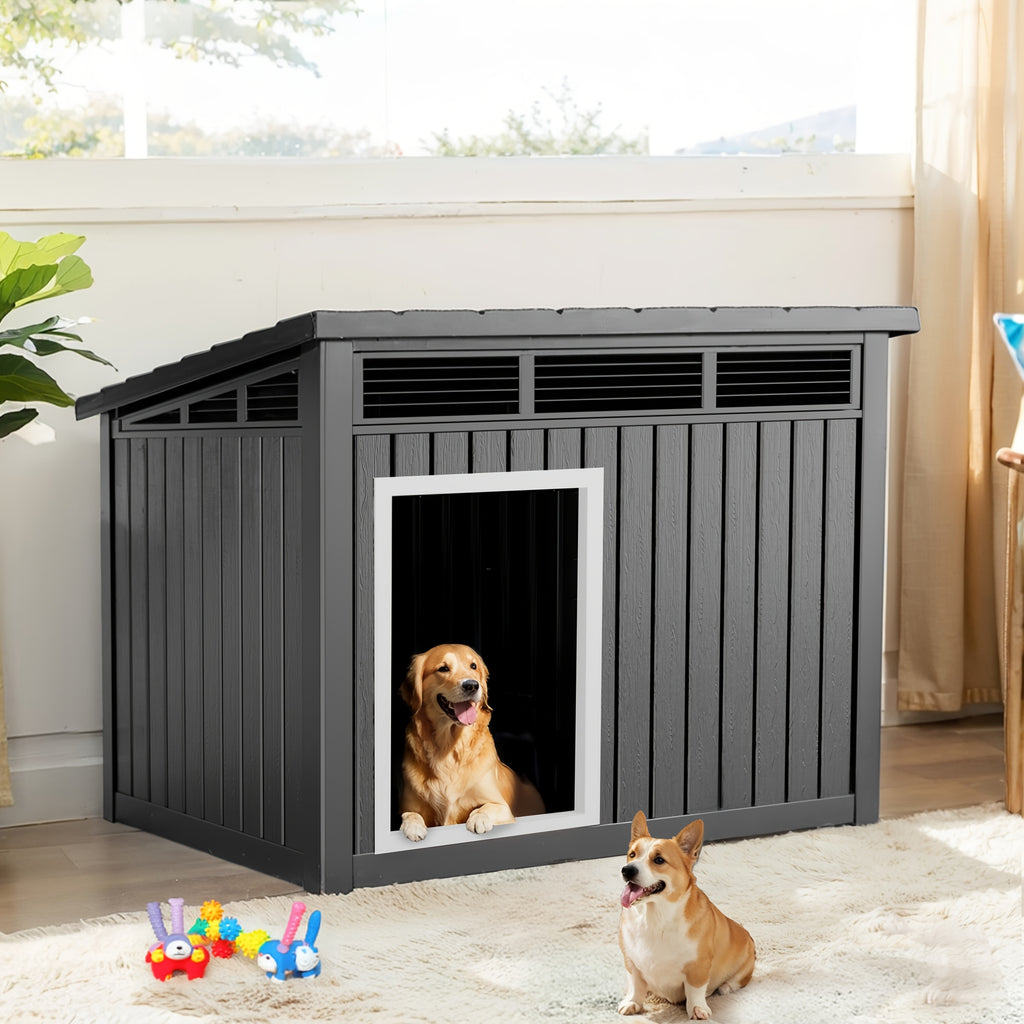 Dog House for Large Dogs Outdoor, All-Weather Resin Dog Shelter with Lift-Up Slant Roof and Ventilation Louvers, Windproof Rainproof UV-Resistant, 2 Sizes in Black or Gray
