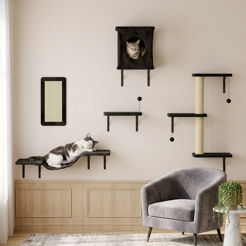 5-Piece Cat Wall Shelves Set with House, Bridge Hammock, Scratching Post and Pad, Wall-Mounted Indoor Climbing Furniture in Grey or Beige
