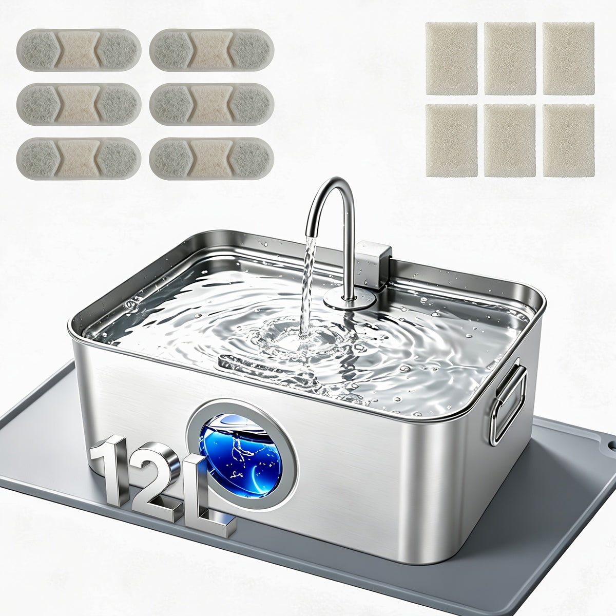 Stainless Steel Dog Water Fountain 12L 3.2 Gal for Large Dogs and Multi-Pet Homes, Ultra Quiet Pet Water Dispenser with Water Level Window, Dry Burn Protection and Red Blue Indicator Lights, Easy to Clean, Without Battery