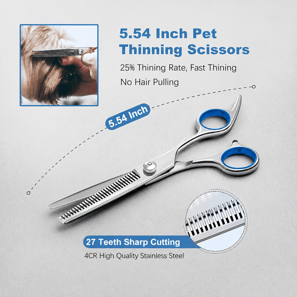 Pet Grooming Shears Kit, 7-Piece Titanium-Plated Stainless Steel Scissors Set with Rounded Tips, Straight, Curved and Thinning Tools for Dogs and Cats