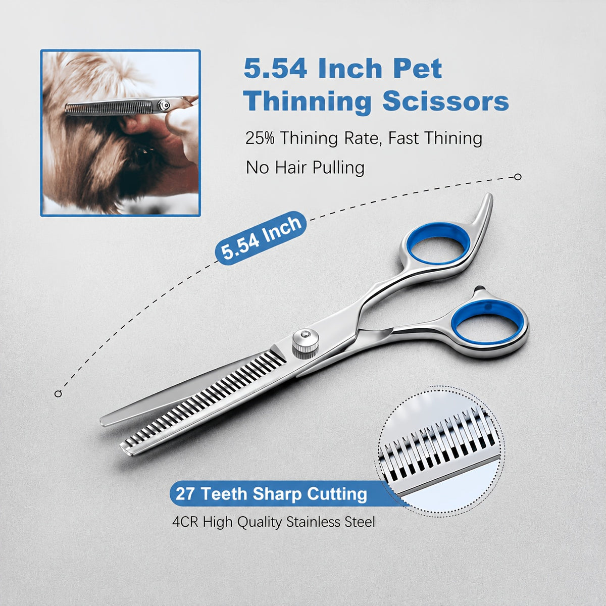 Pet Grooming Shears Kit, 7-Piece Titanium-Plated Stainless Steel Scissors Set with Rounded Tips, Straight, Curved and Thinning Tools for Dogs and Cats