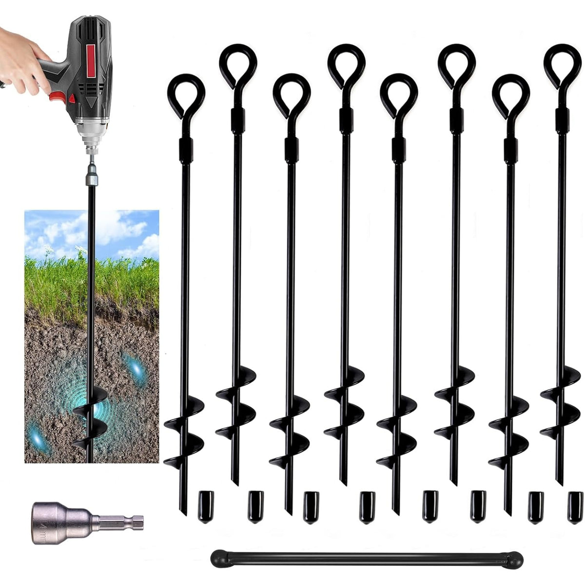 Screw In Ground Anchors 18 Inch with Folding Rings, Spiral Metal Stakes in 4, 6 or 8 Packs for Supervised Dog Tie Outs and Camping Setups