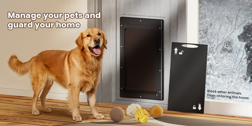 Dog Door with Double Magnetic Flaps and Closing Panel, Black Reinforced Polymer Pet Entry for Interior or Exterior Doors and Compatible Wall Installations