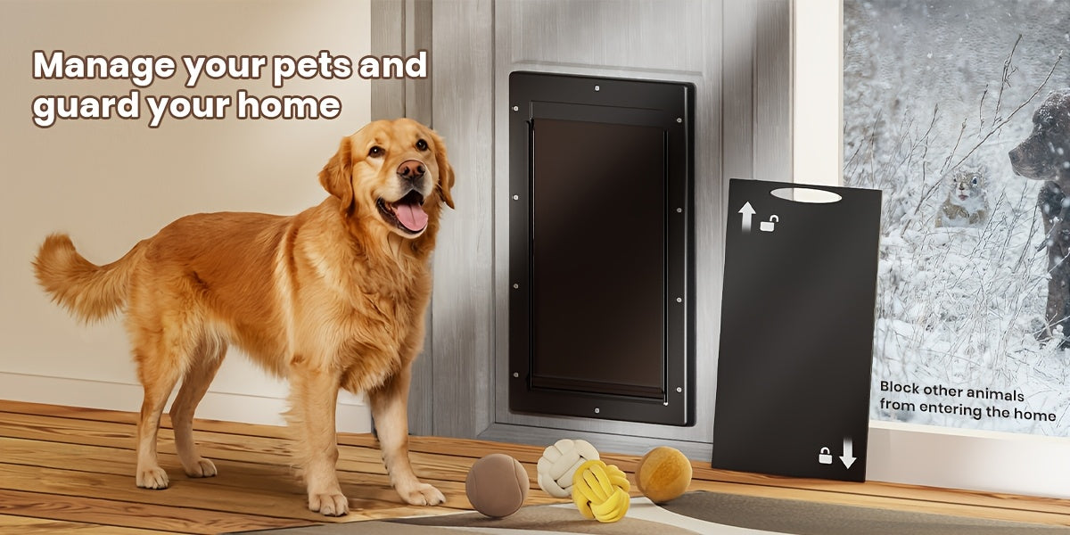 Dog Door with Double Magnetic Flaps and Closing Panel, Black Reinforced Polymer Pet Entry for Interior or Exterior Doors and Compatible Wall Installations