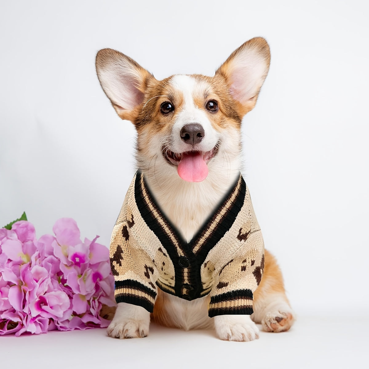 Bear Print Dog Cardigan Sweater with Button Closure, Beige Knit Pet Outfit with Contrast Ribbed Trim and Short Sleeves in M, L and XL Sizes