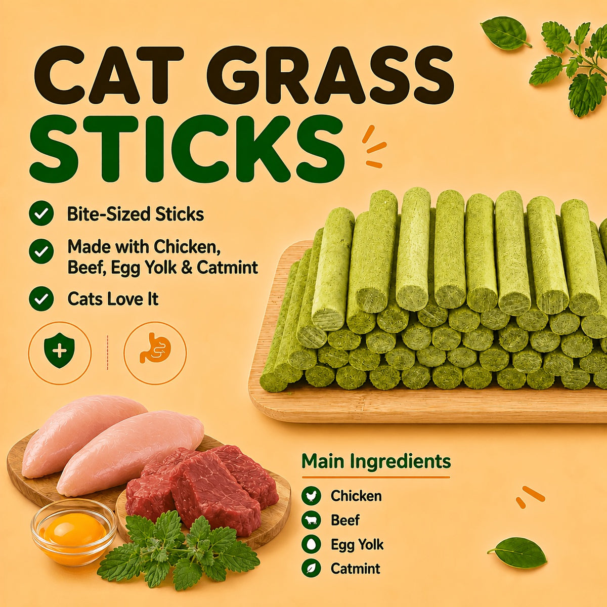 Crunchy Cat Treat Sticks with Chicken and Cat Grass, 2.93 oz Freeze-Dried Cat Snacks for Indoor Cats, Training Rewards and Food Topping