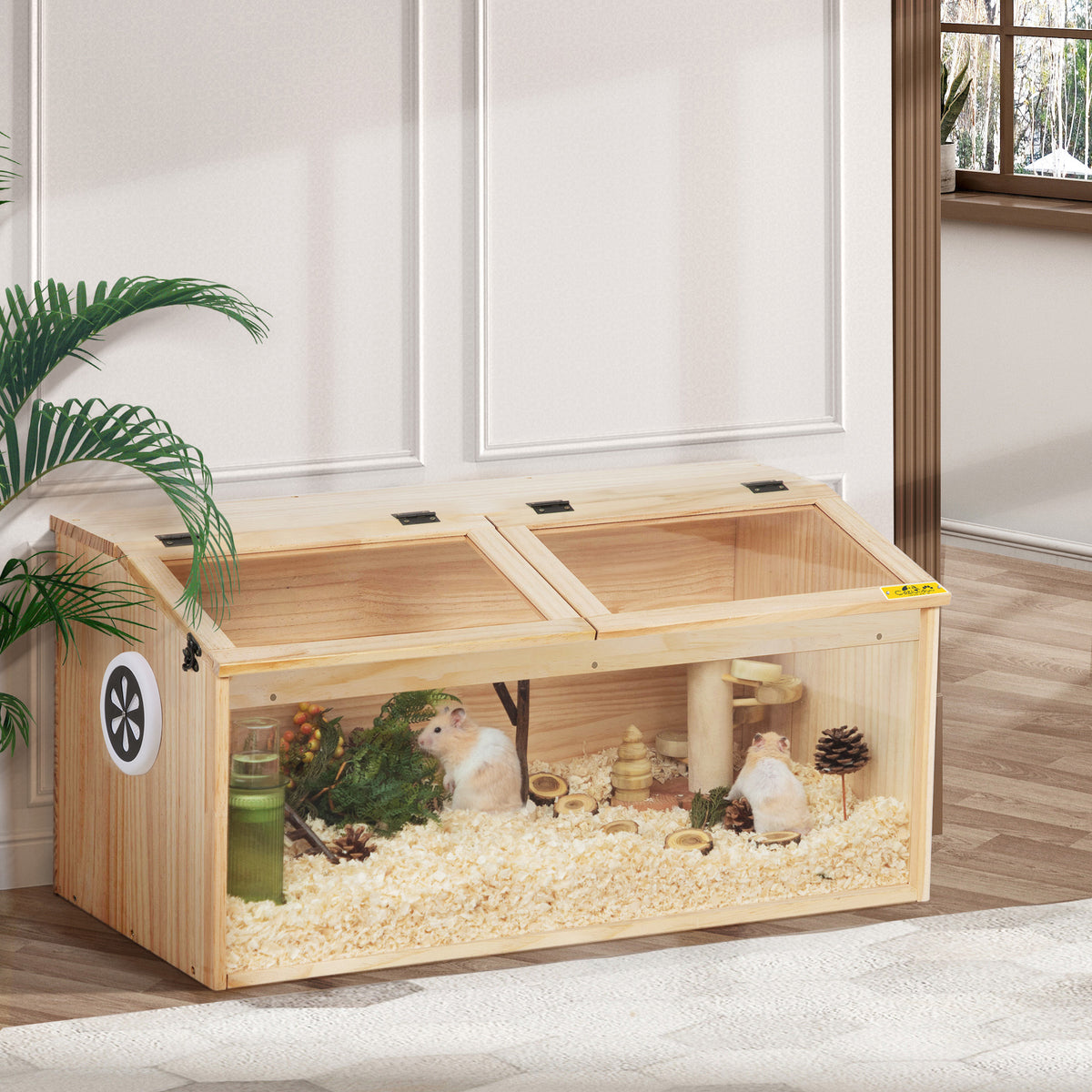 Hamster Habitat Wooden Cage with Clear Acrylic Front, Openable Top and Side Locks, 31.5-Inch Small Pet Enclosure in Natural or Burlywood