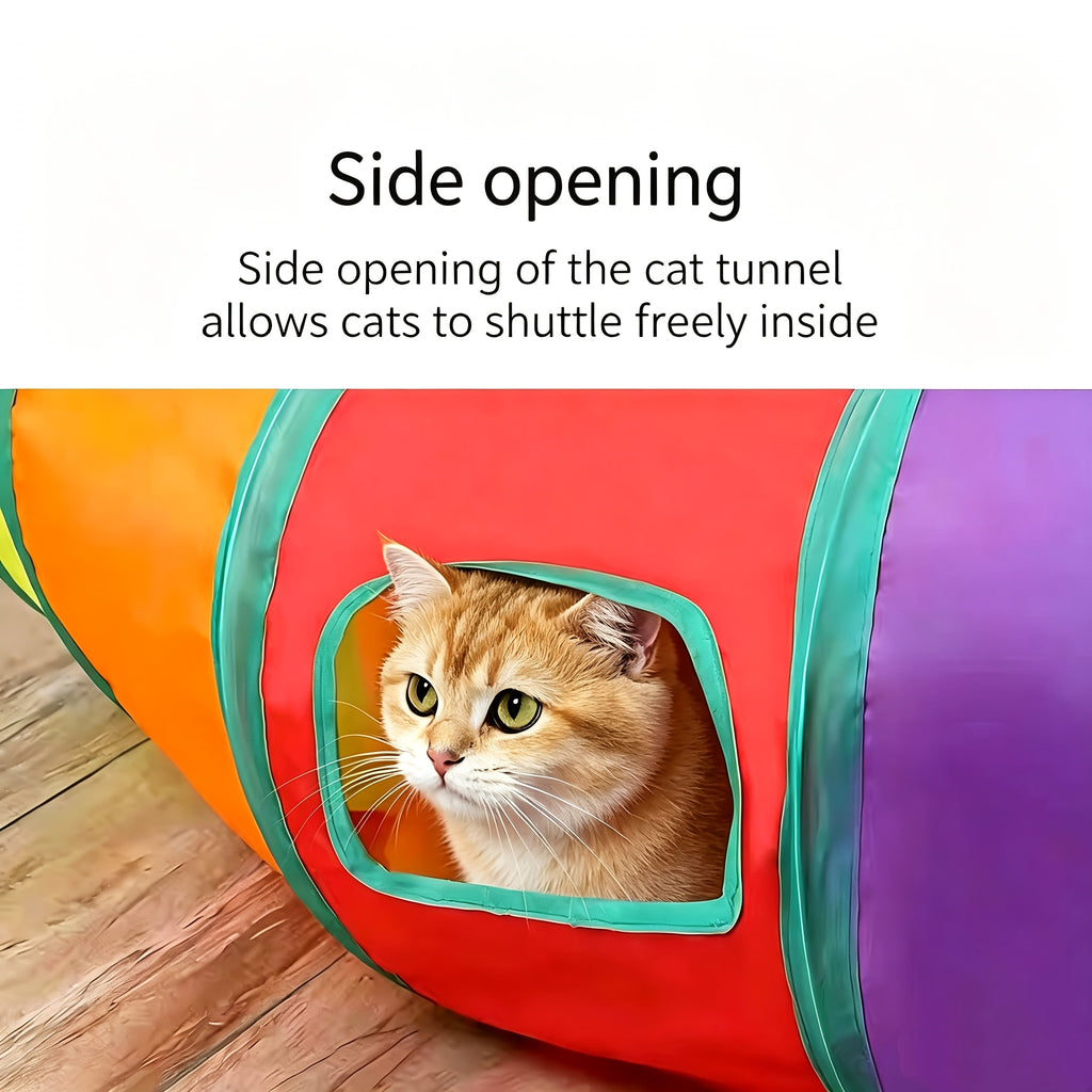 J-Shaped Cat Tunnel in Rainbow Colors, Collapsible Cat Play Tube and Maze Runway Toy for Indoor Exploration, Hide-and-Seek and Everyday Play