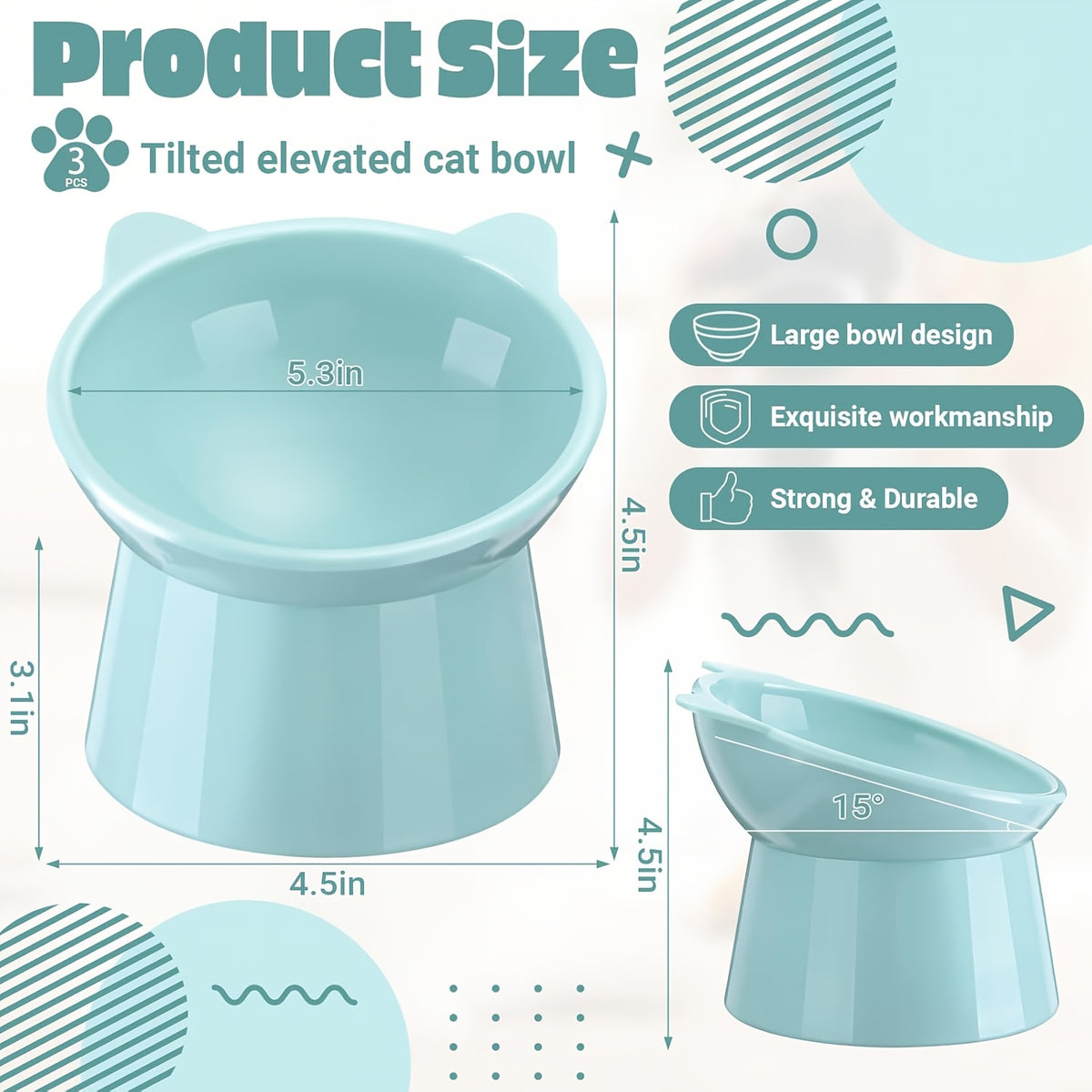 Raised Cat Bowls 3-Piece Color Set, Cat-Ear Shaped Elevated Pet Feeding Dishes with Anti-Slip Base in Blue, Pink and Green for Everyday Meals