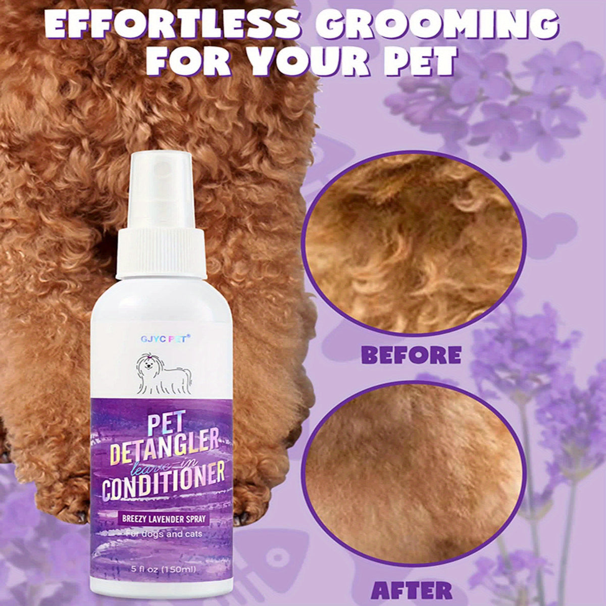 Dog Detangler Spray with Lavender Fragrance, 150ml Leave-In Conditioner and Tangle Remover for Everyday Coat Brushing and At-Home Dog Grooming