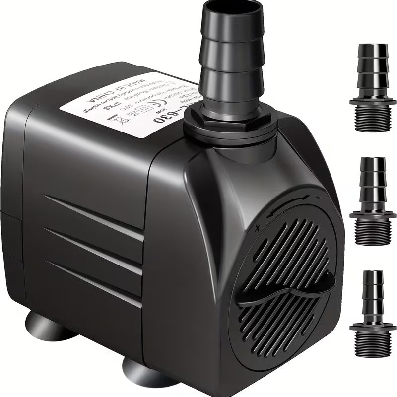 Submersible Water Pump 30W with 3 Nozzle Adapters, Adjustable Flow Black Aquarium and Fountain Pump for Fish Tanks, Ponds and Hydroponic Setups
