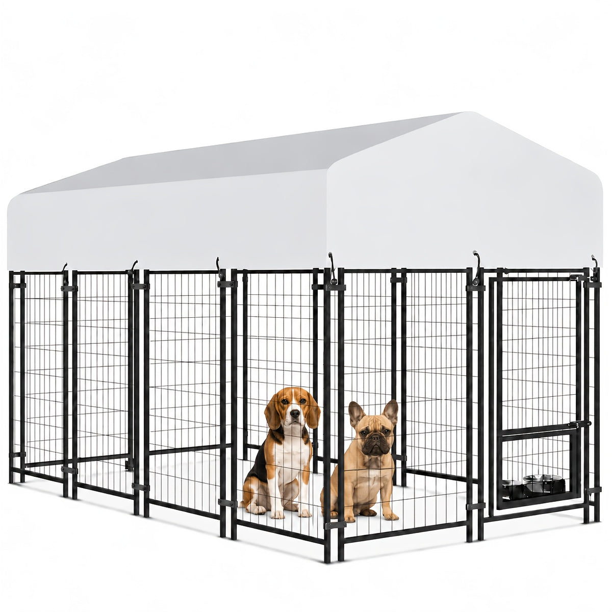Welded Steel Outdoor Dog Kennel with Roof Cover and 2 Rotating Bowls, Secure-Lock Dog Pen in 47.5 or 70-Inch Lengths for Backyard Use