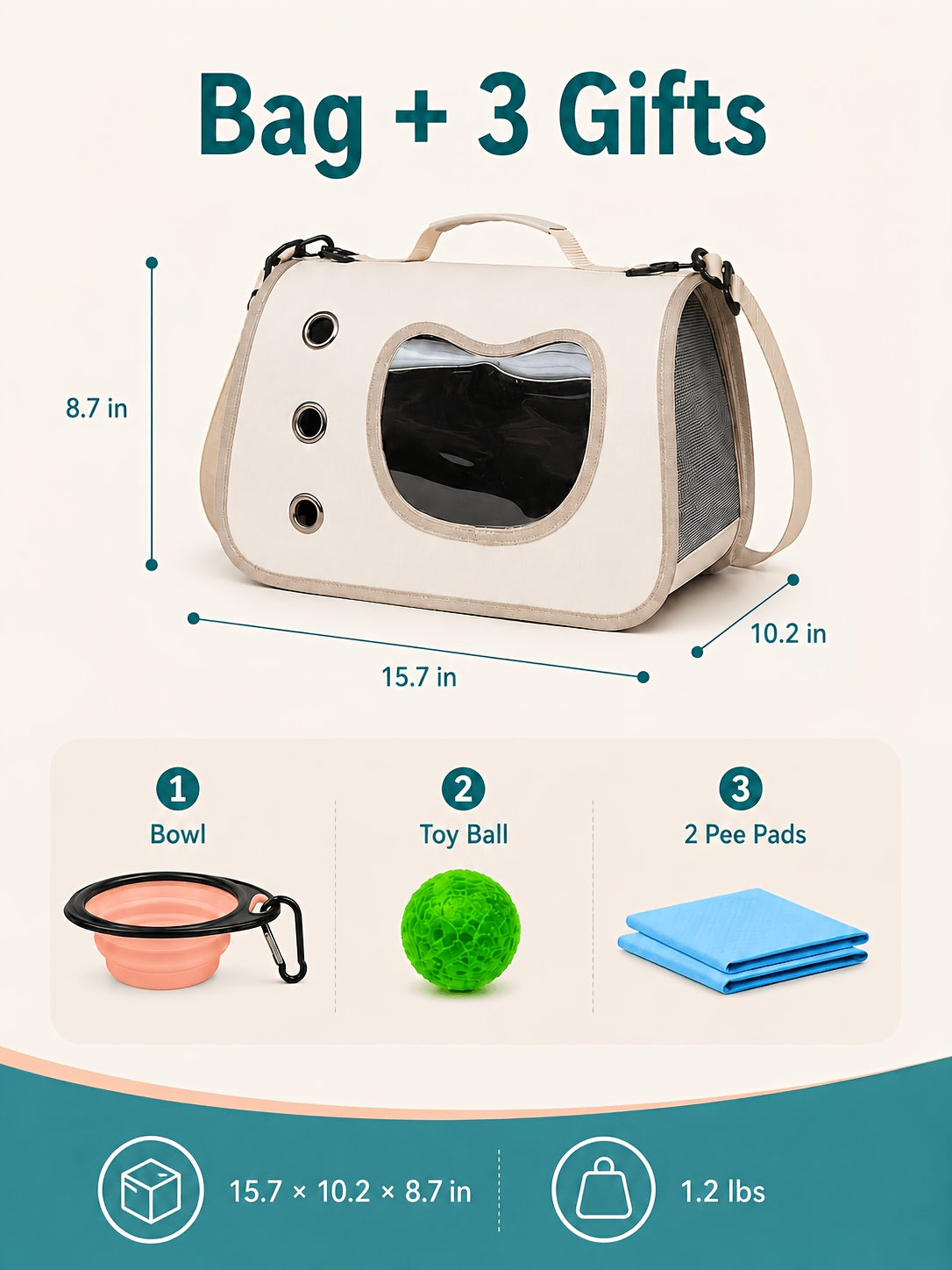 Pet Carrier Bag with Side Opening for Cats and Dogs, Soft-Sided Breathable Travel Tote for Handheld and Shoulder Carry, Off-White, Orange or Pink