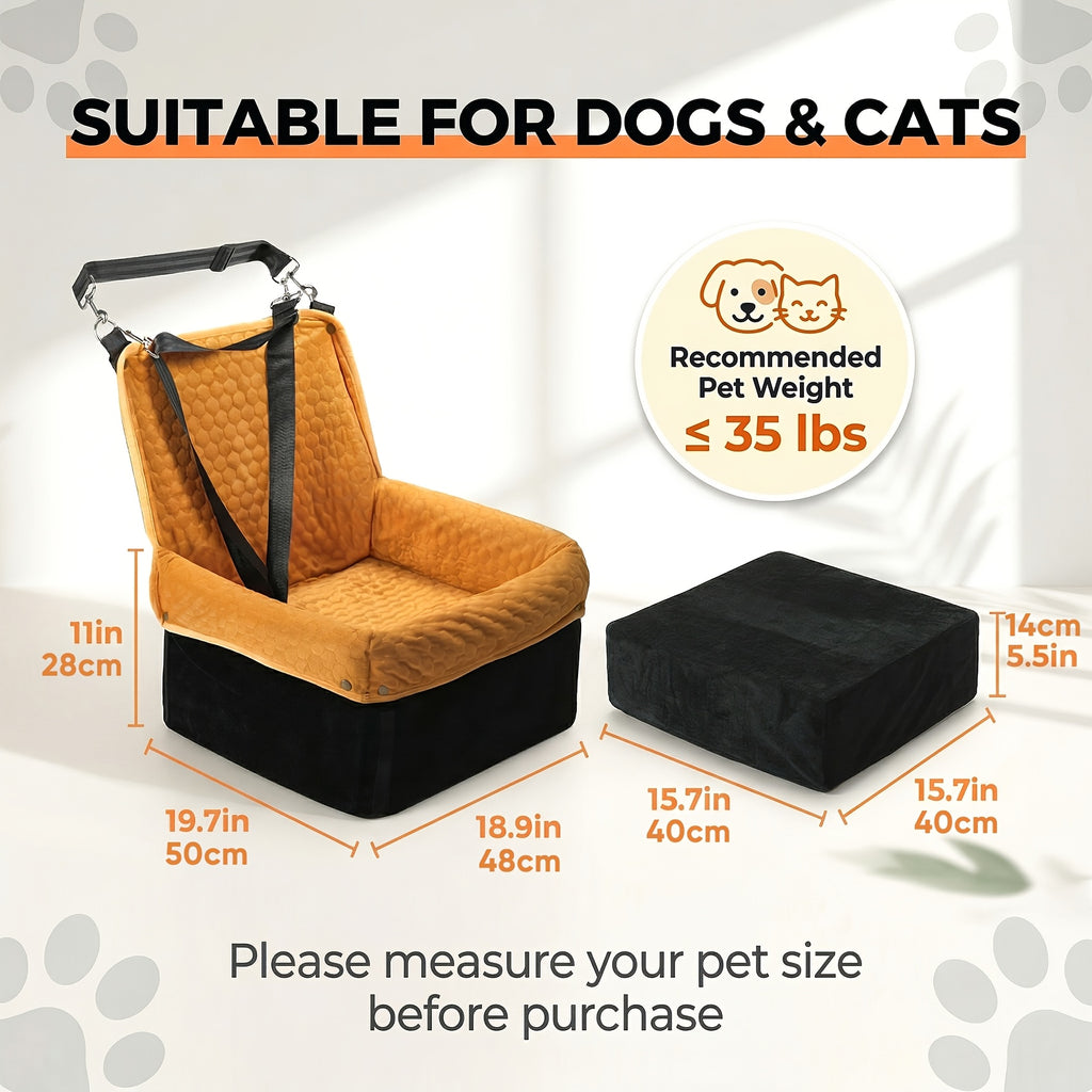 Memory Foam Dog Car Seat for Pets up to 35 lbs, Non-Slip Booster Travel Bed with Removable Waterproof Cover, Adjustable Straps and Storage Pocket