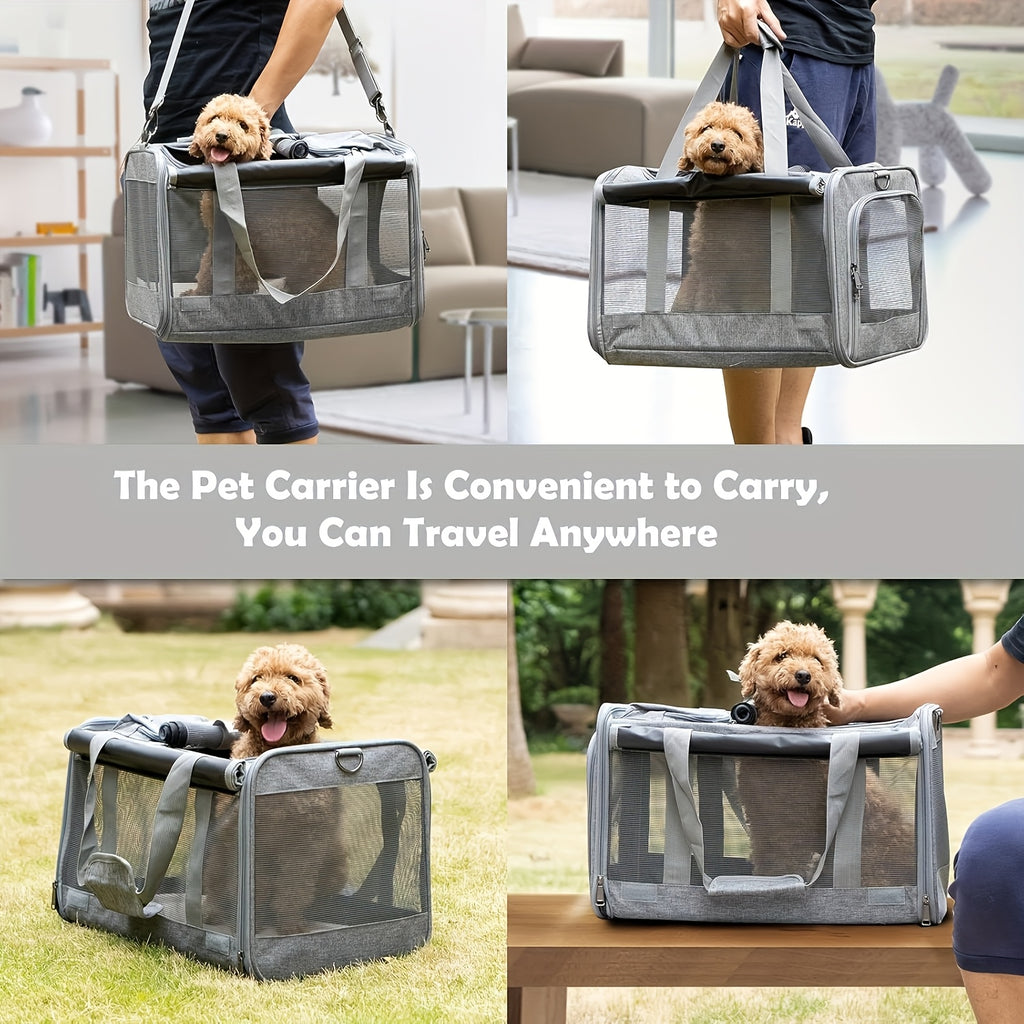 Breathable Pet Travel Carrier for Cats and Puppies, Soft-Sided Foldable Carrying Bag with Pet Straps for Vet Visits and Outings, Pink or Grey