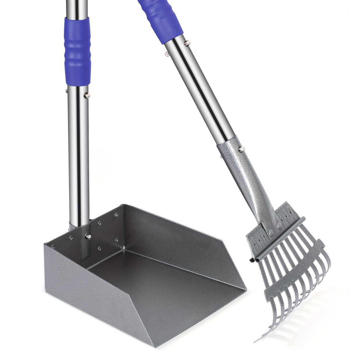 Dog Pooper Scooper Tray and Rake Set, Stainless Steel Pet Waste Removal Tools with Adjustable Handles for Everyday Yard Cleanup