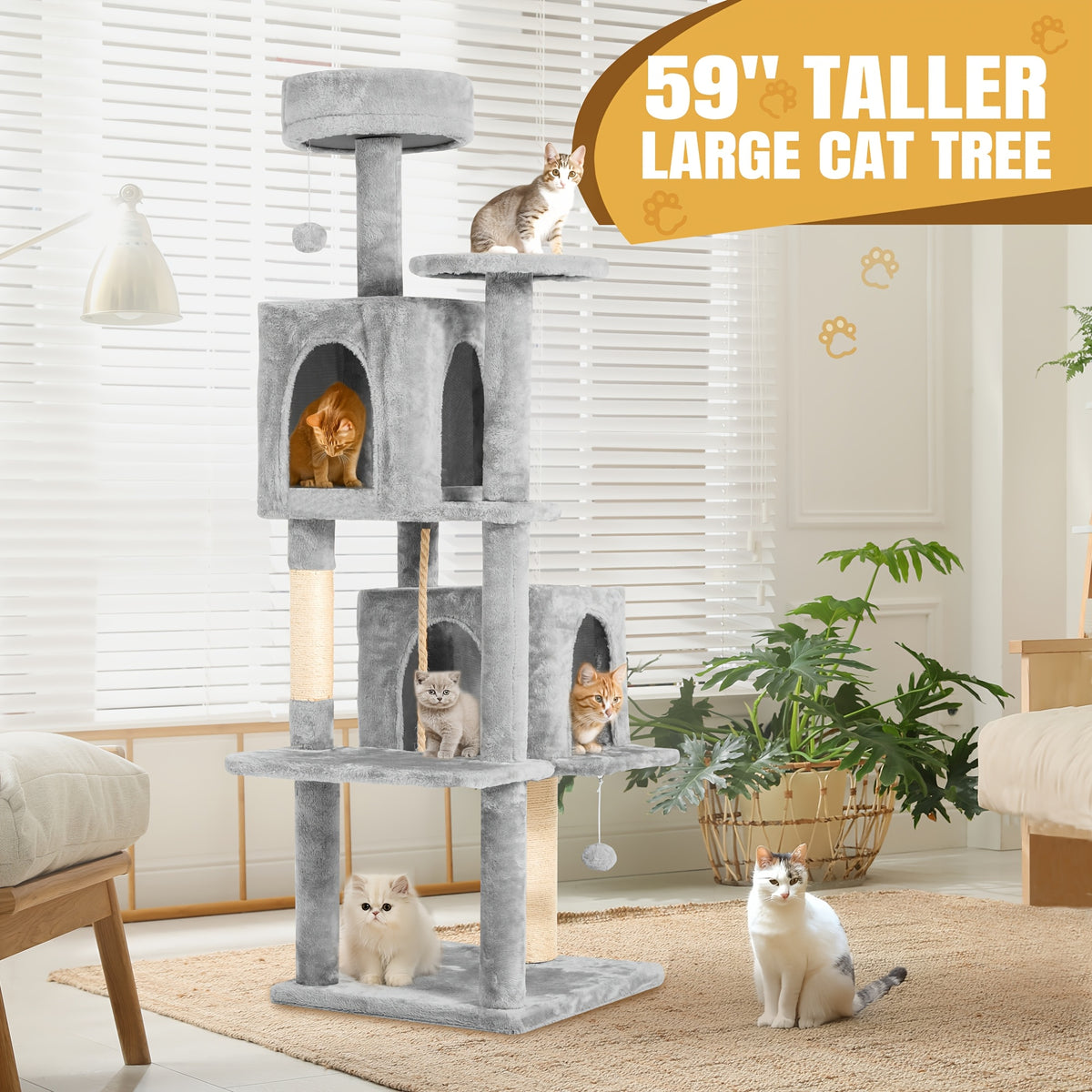 Cat Tower for Indoor Cats 59 Inch, Multi-Level Cat Tree with 2 Condos, Round Top Perch, Sisal Scratching Posts and Hanging Ball Toy, Plush Cat Furniture in 5 Colors