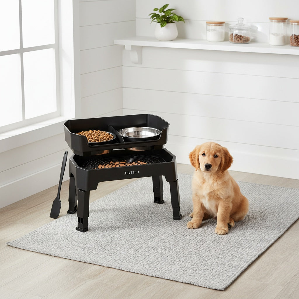 Splash Guard Elevated Dog Bowls with Four Adjustable Heights, Two 53oz Stainless Steel Bowls and Non-Slip Feet for Everyday Food and Water