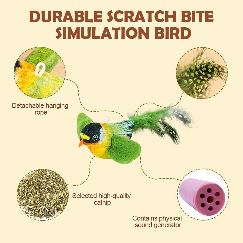 Bird Cat Toys with Touch-Activated Chirping, 2-Pack Plush Feather Birds with Built-In Catnip for Supervised Indoor Hunting Play, Random Colors