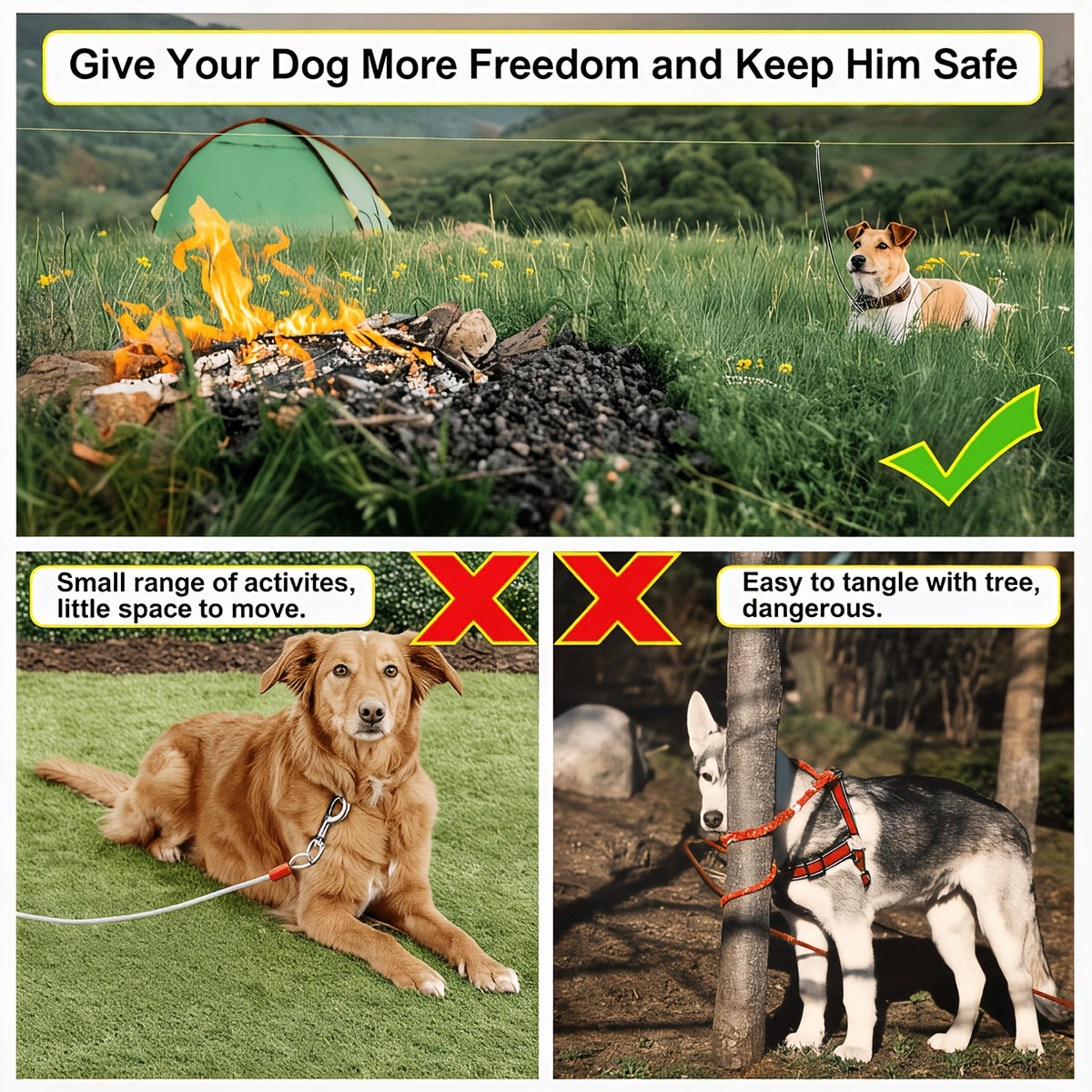 Dog Trolley System for Camping, 50/75/100ft Reflective Overhead Tie-Out Cable Run for Dogs up to 200lbs, Portable Dog Lead for Yard and Parks, Orange/Green/Blue