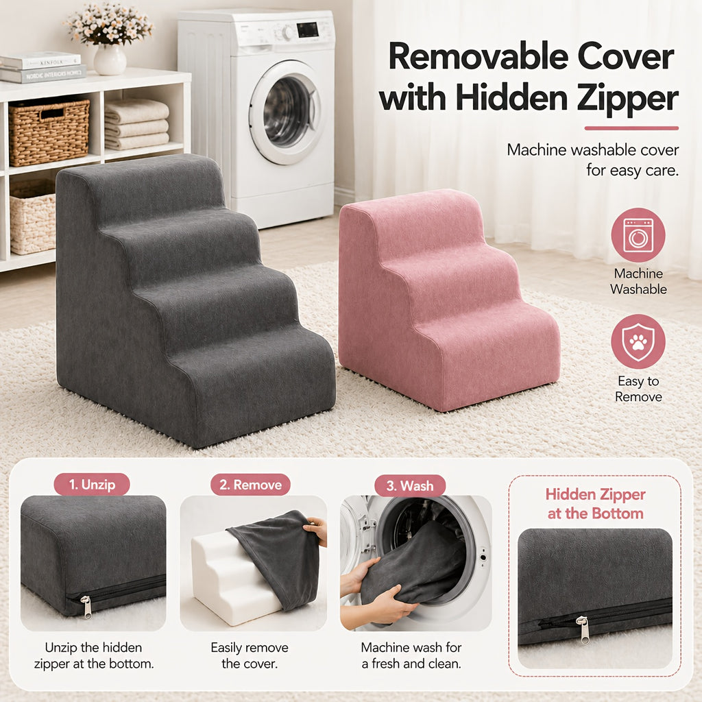 Dog Stairs for Bed with Dutch Velvet, Non-Slip Pet Steps for Small and Senior Dogs, 2/3/4-Step Options for Sofa and Couch, Gray or Pink