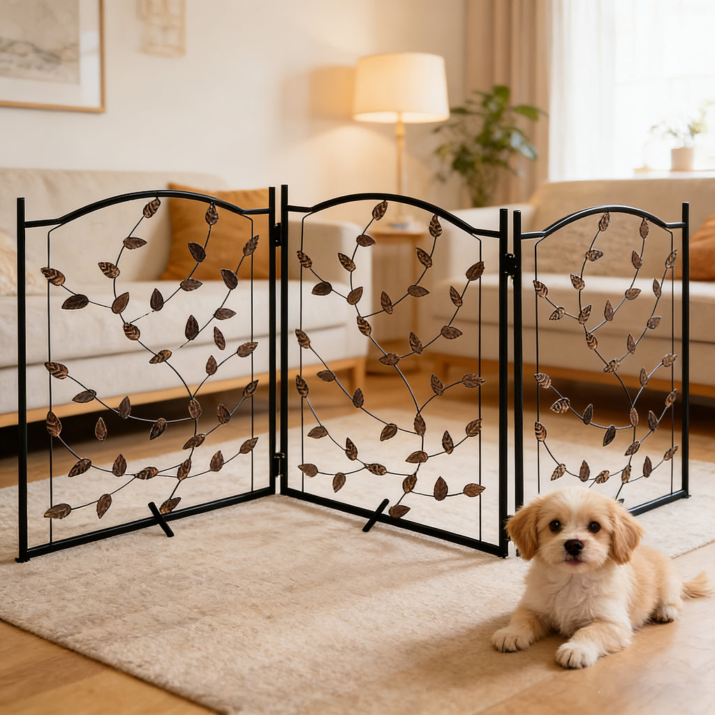 Freestanding Metal Dog Gate, 52 x 24 Inch Foldable 3-Panel Pet Barrier with Decorative Leaf Design for Indoor Doorways and Hallways