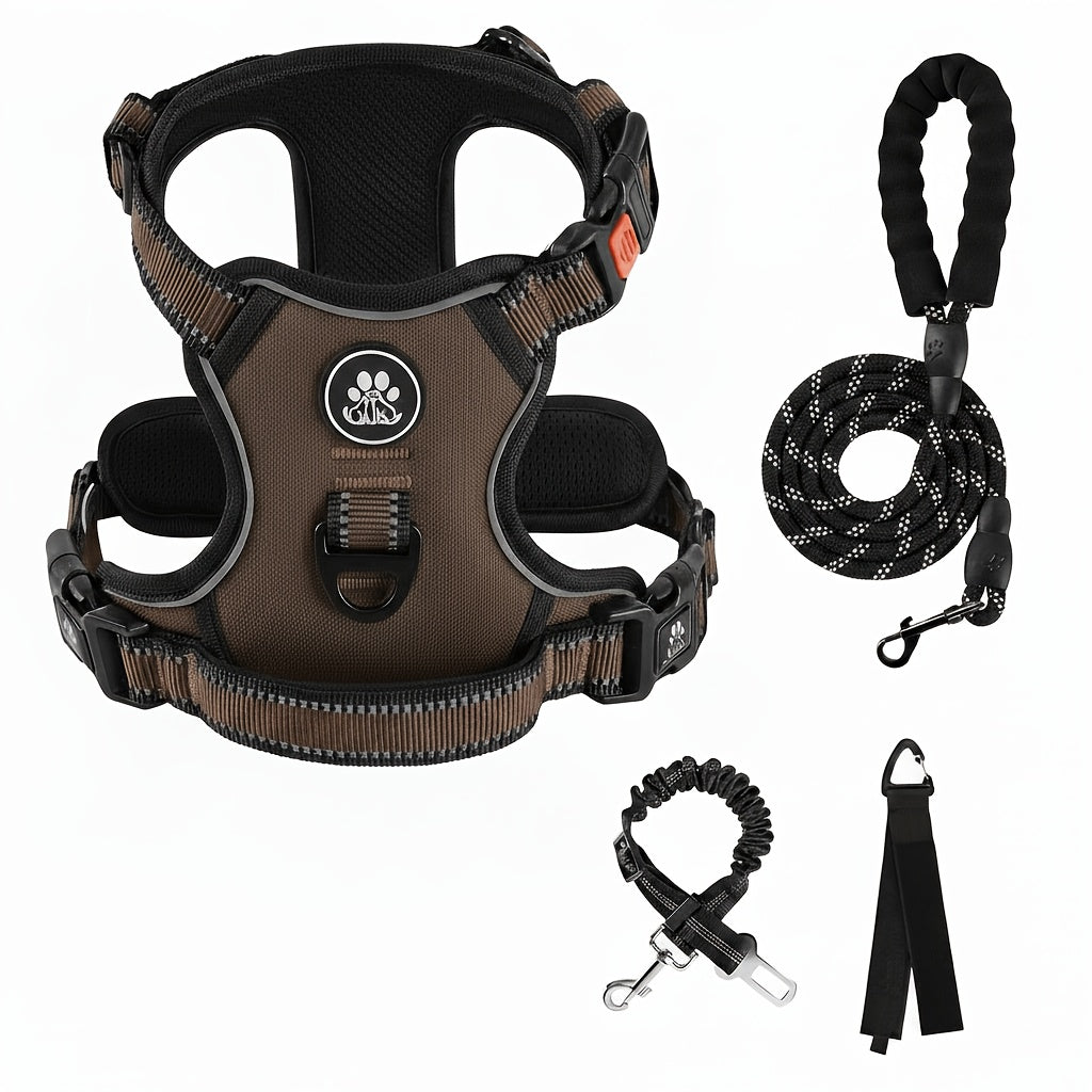 No Pull Dog Harness Set with Three-Buckle Open-Neck Design, Reflective Adjustable Vest, Padded Handle, Leash and Seat Belt, XS-XL