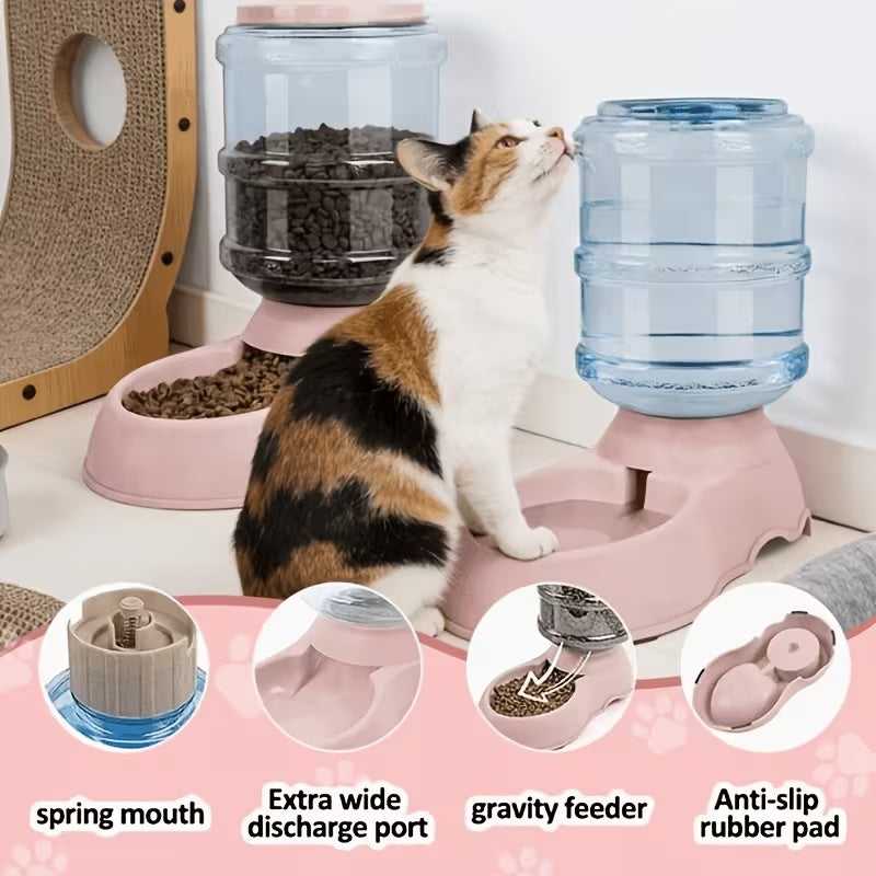 Gravity Pet Feeder or Waterer in Gray, Battery-Free Food Dispenser or 1 Gallon Water Bowl with Visible Reservoir for Indoor Dog and Cat Care