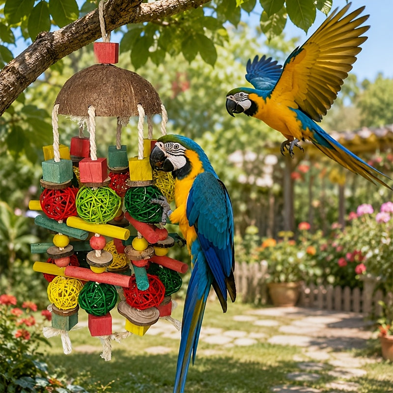 Parrot Toys with Colorful Wood Chew Designs, 12 Selectable Bird Cage Accessory Styles Including Apple, Banana, Coconut and Block Options for Enrichment