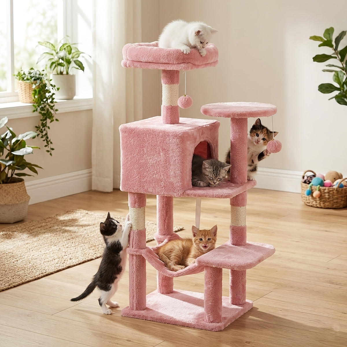 Cat Tree with Seven Color Choices, 44 Inch Indoor Cat Tower with Hammock, Condo Hideaway, Elevated Perches and Sisal Scratching Posts