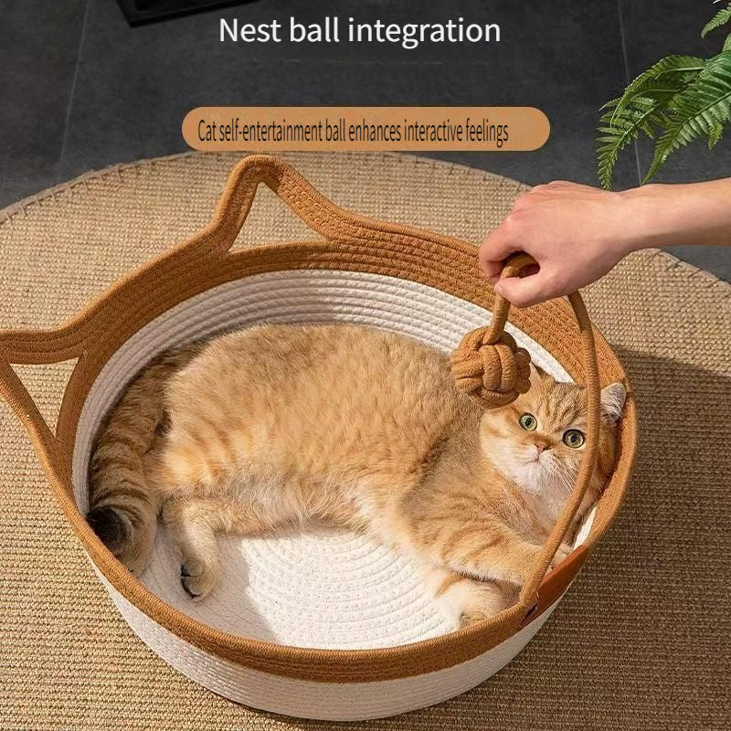 Large Cat Bed with Woven Rope Design, 19.69-Inch Diameter Breathable Summer Sleeping Bed for Indoor Cats and Everyday Lounging