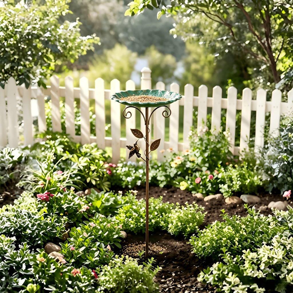 Metal Bird Bath with Bird and Leaf Decoration, 30-Inch Tall Outdoor Garden Water Basin for Yard and Patio Decor, Easy Installation and Cleaning